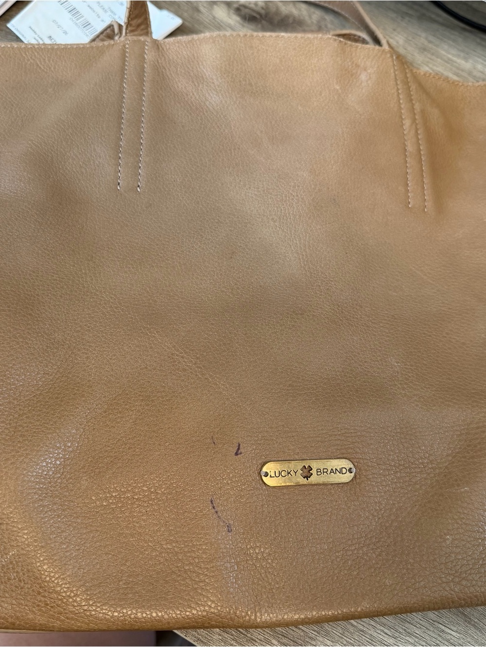 Lucky Brand Tan Leather Tote with Gold Logo Plaque